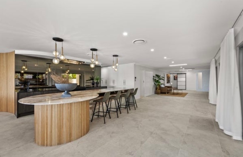 Interior design — wide kitchen with pendant lights