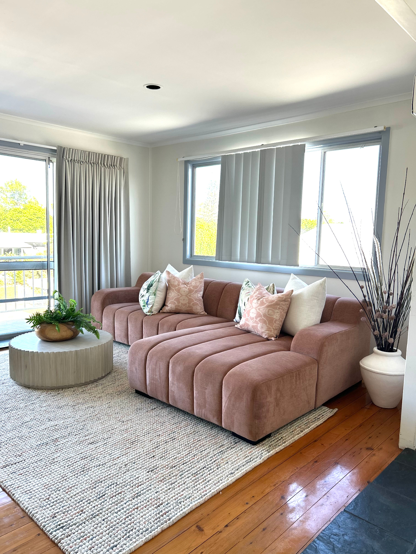 Occupied styling — mauve sofa lounge